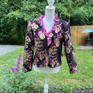 Vintage metallic floral print blazer jacket with ruffle collar